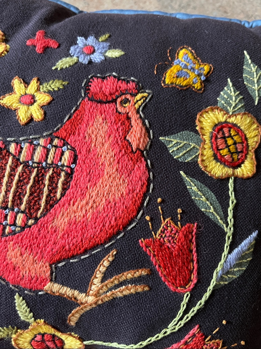 Handmade Pillow with Embroidered flowers and rooster